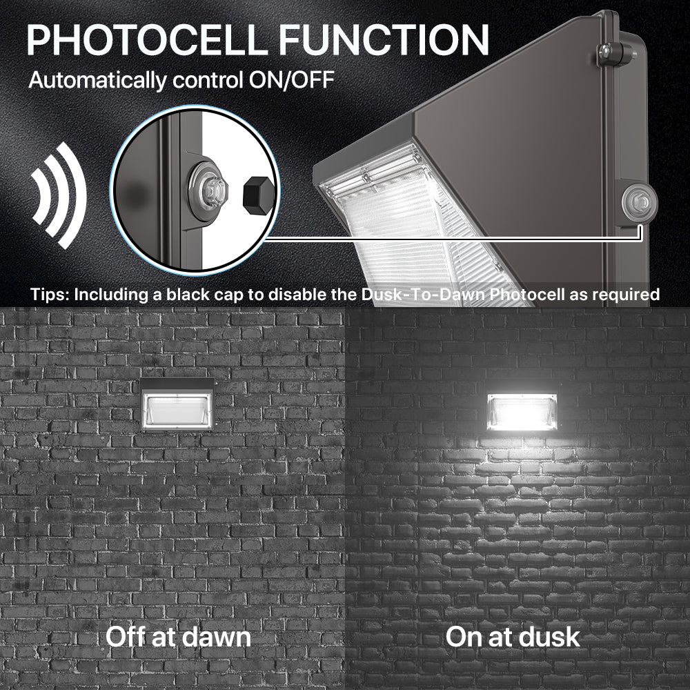 Wall pack light photocell function demonstration: on at dusk, off at dawn.
