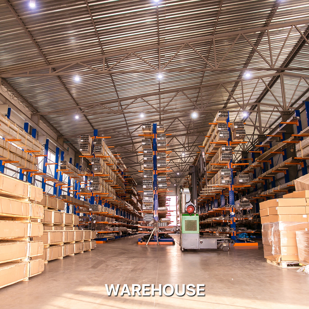 Warehouse illuminated by LED high bay lights