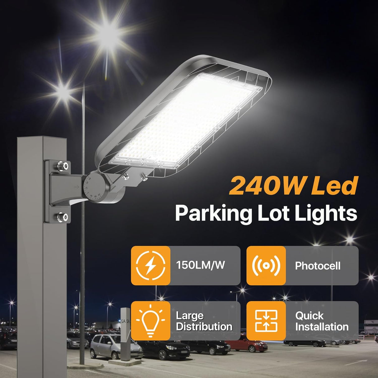 240W LED parking lot light with features highlighted on a dark background