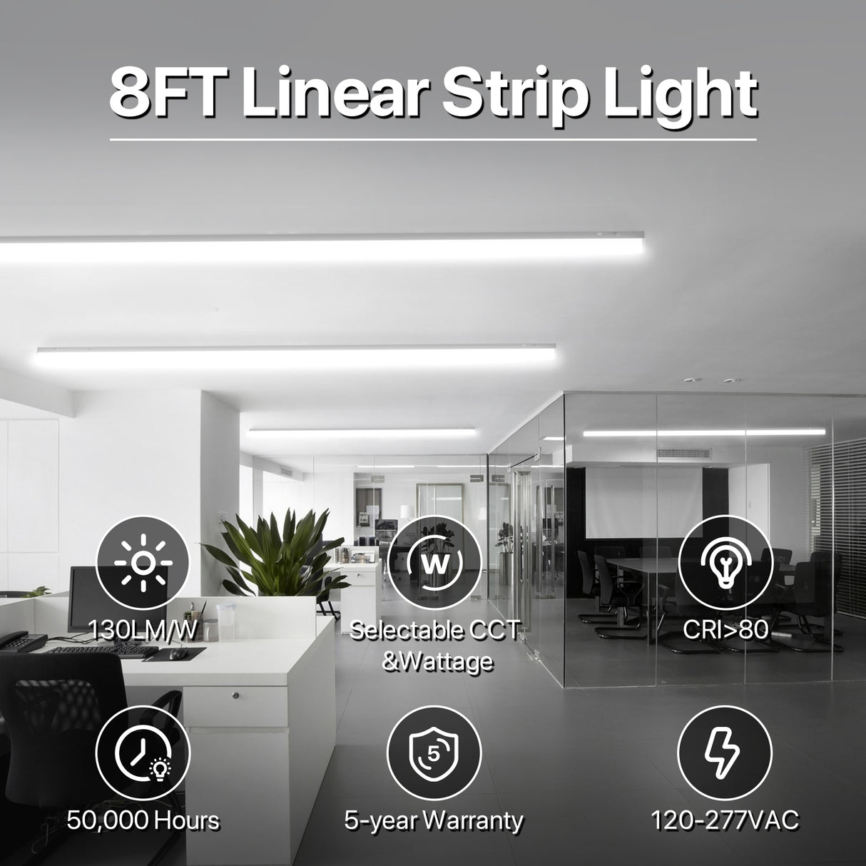 8FT LED Linear Strip Light Fixture with features and office setting
