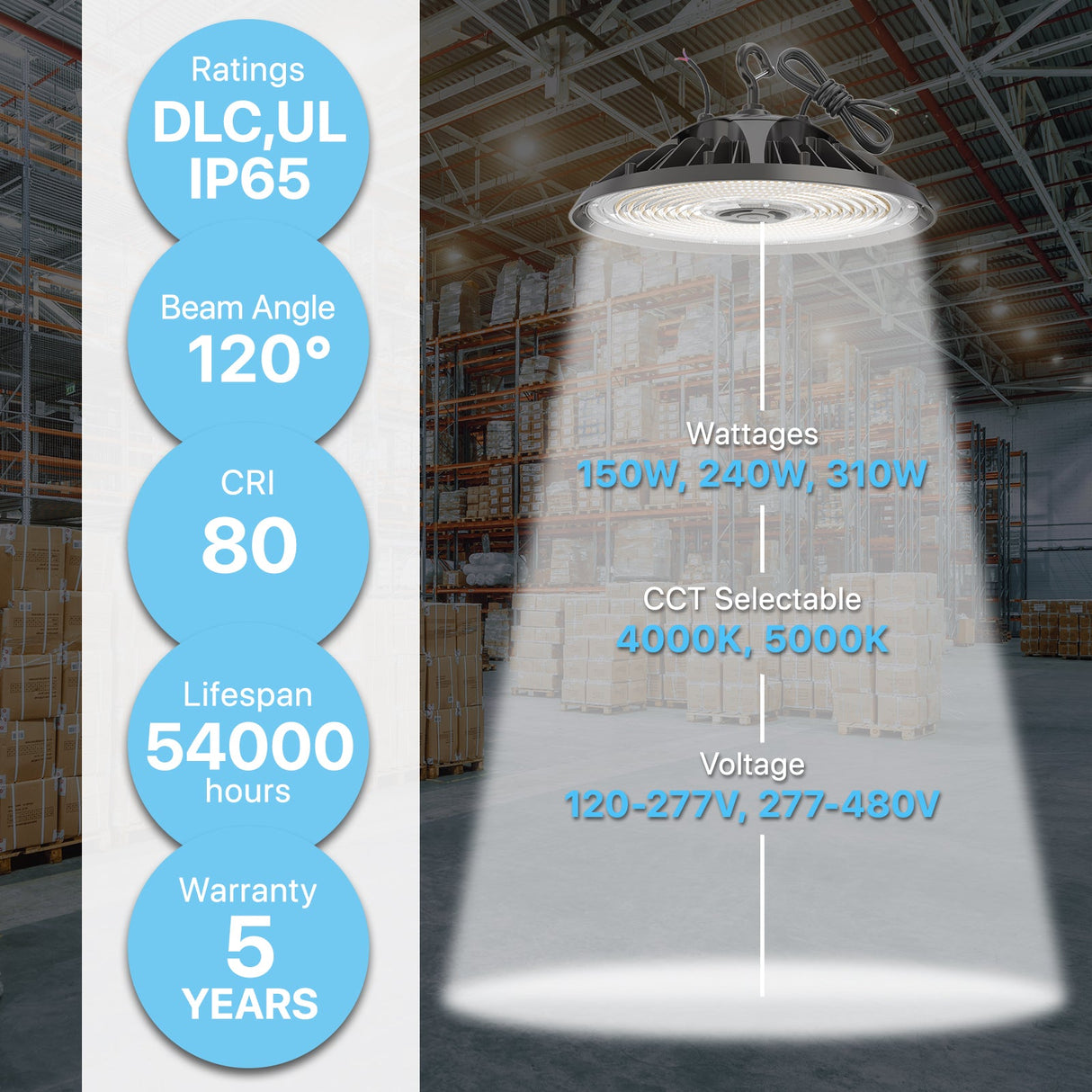 LED High Bay Light specs: wattage, CCT, and warranty