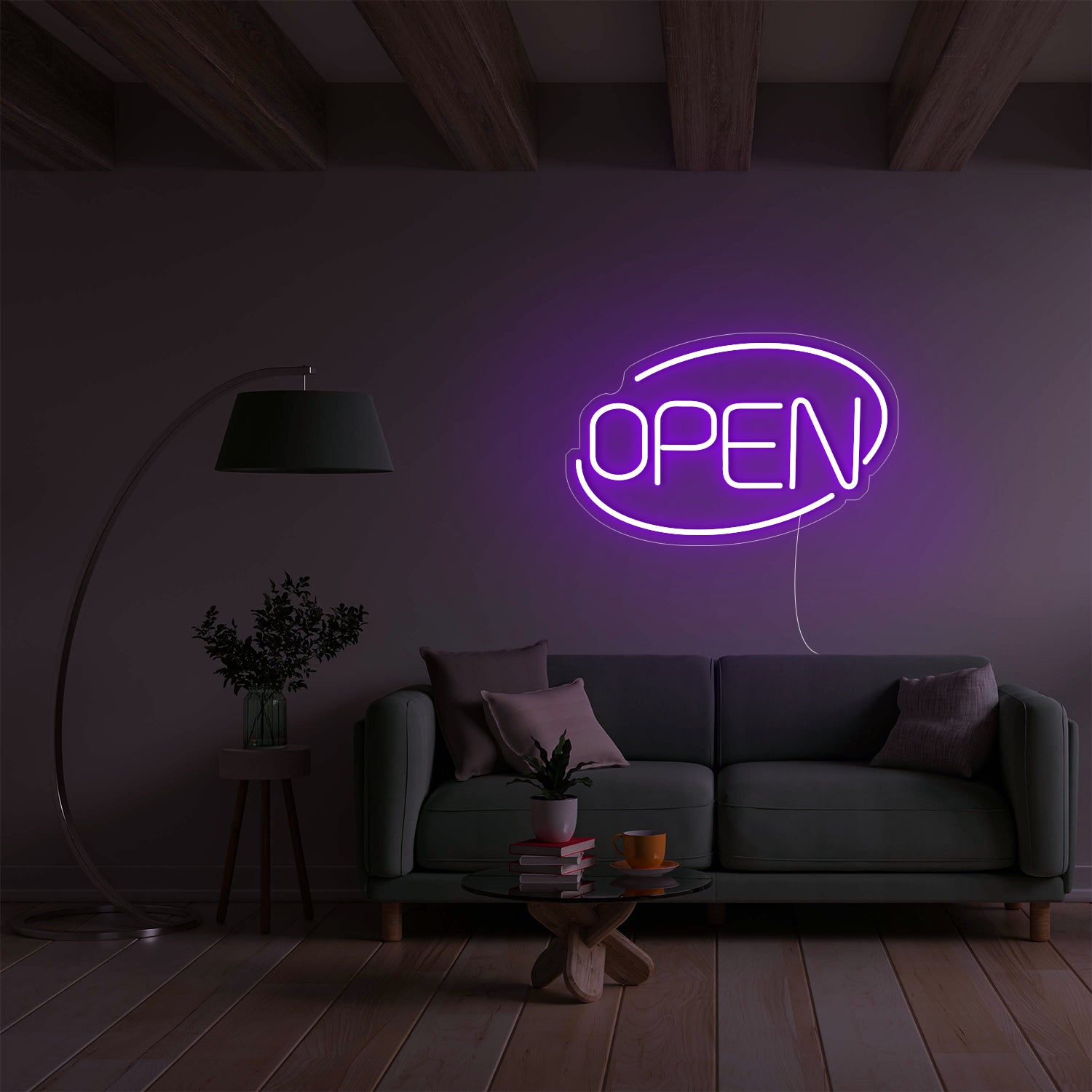 Purple Open LED neon sign in a modern living room