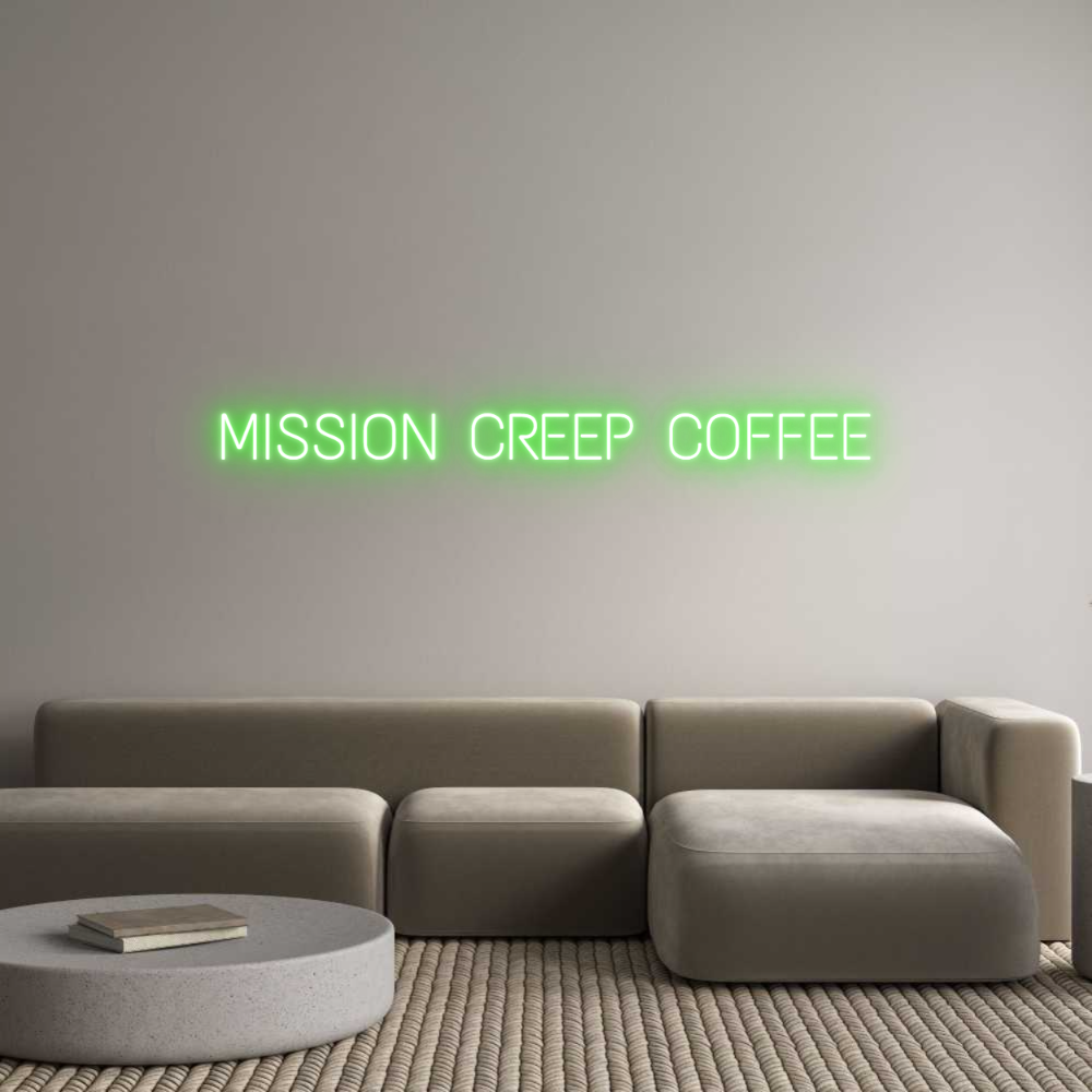 Custom neon sign MISSION CREEP COFFEE, emerald green
