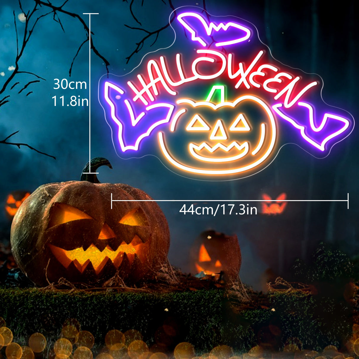 Halloween neon pumpkin sign with bats, 44cm