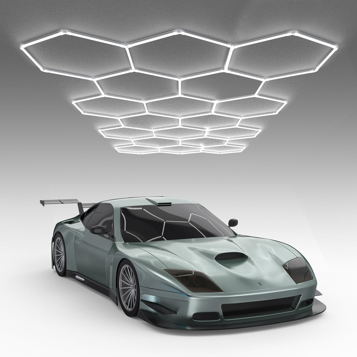 Hyperlite Hexagon Garage Lights 18 Grids with a sports car
