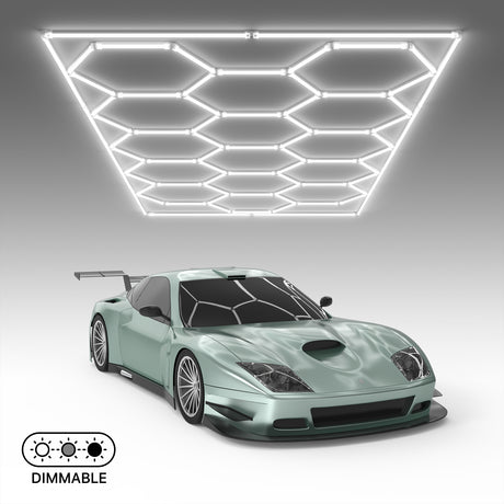 Hyperlite hexagon lights with dimmable feature over a sports car