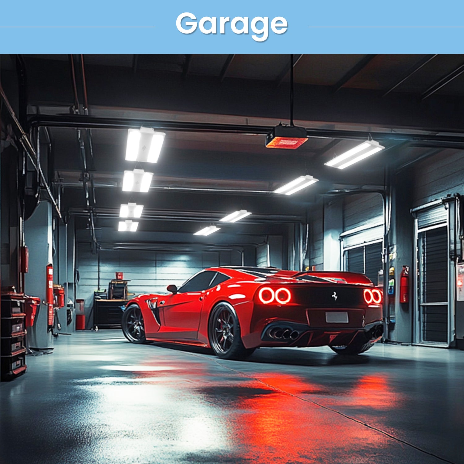Garage illuminated with Hyperlite LED lights, Red sports car