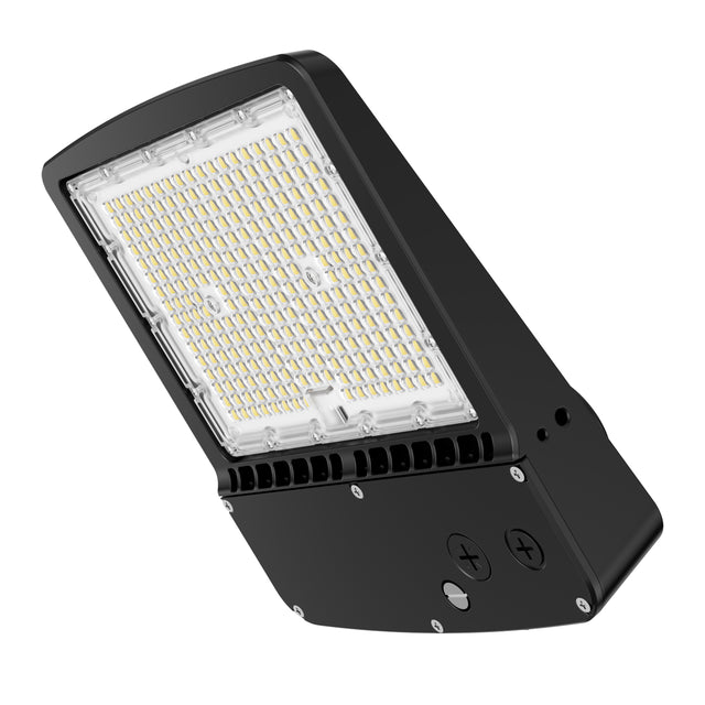 LED parking lot light, featuring adjustable wattage and CCT, suitable for outdoor area lighting.