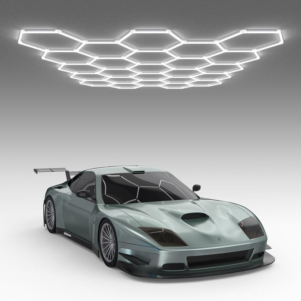 Hyperlite Hexagon Garage Lights illuminating a sports car