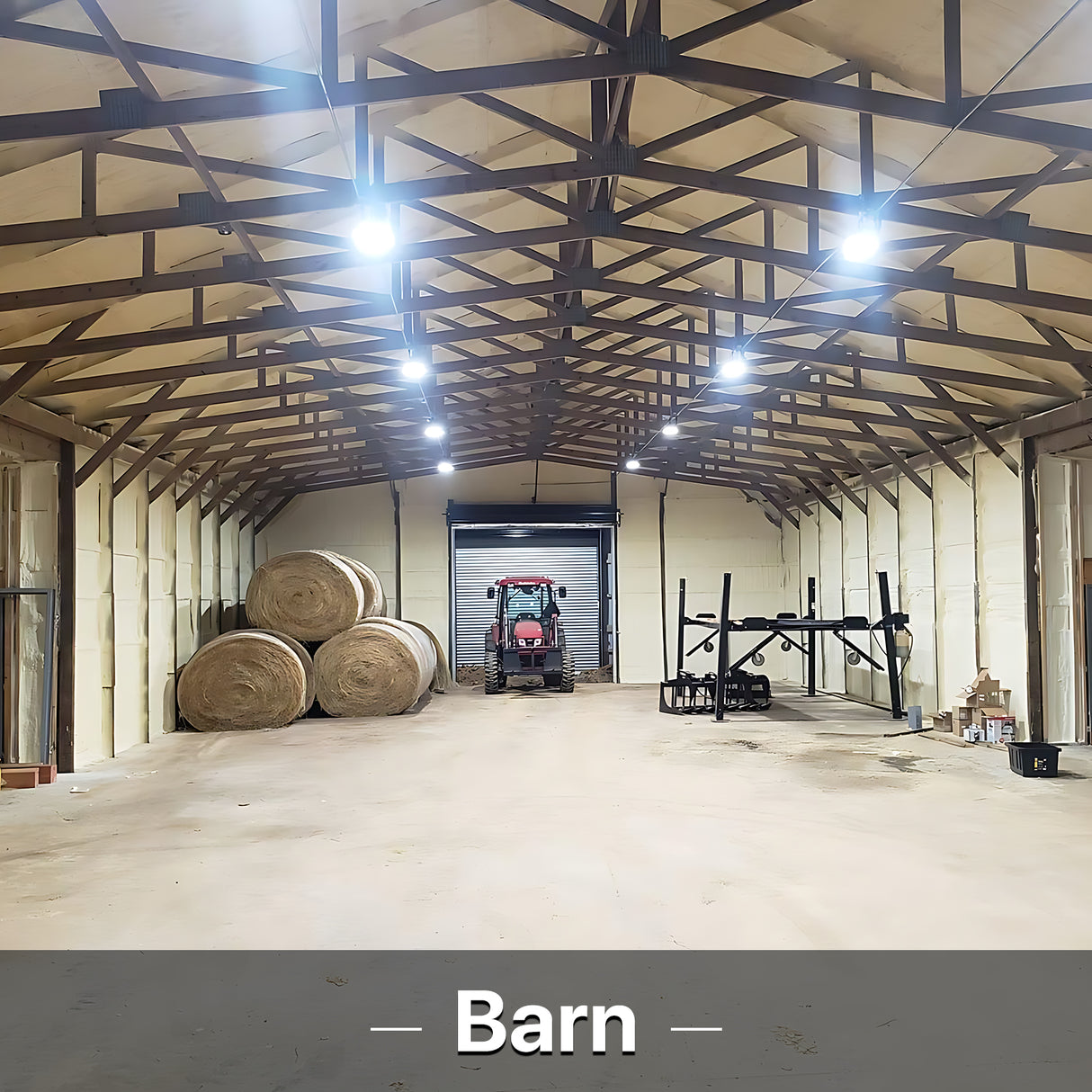 Hyperlite LED high bay lights illuminate a barn interior
