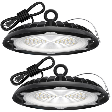 Two HYPERLITE UFO LED High Bay Lights with power cords