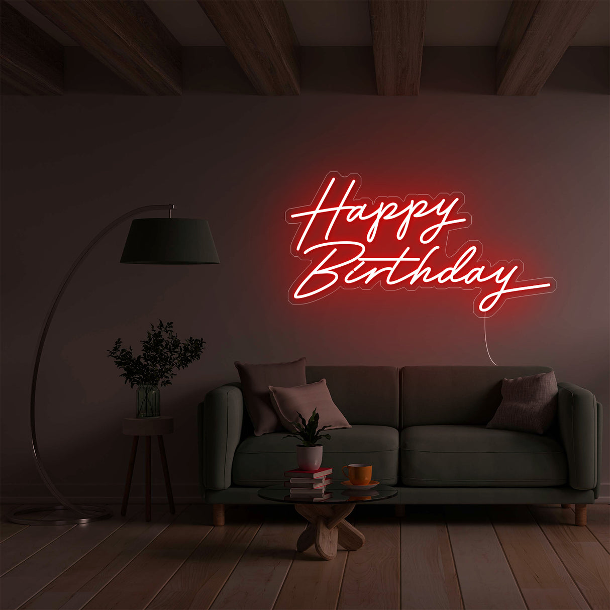 Red neon Happy Birthday sign decor in a modern living room