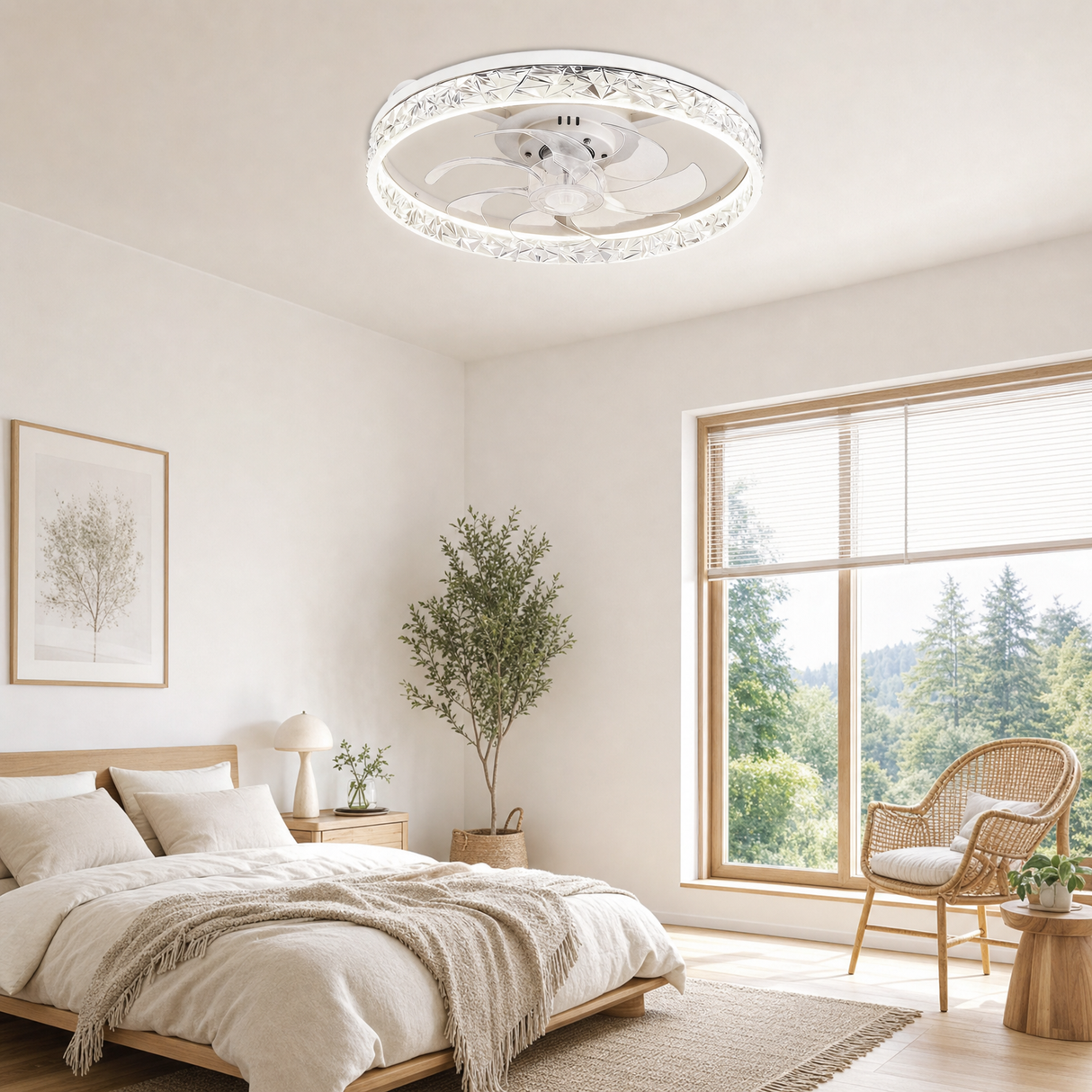 20" Crystal LED Ceiling Fan – App/Remote, 3-Color Dimmable, 6 Speeds, Timer, Reversible, Low-Profile Flush Mount