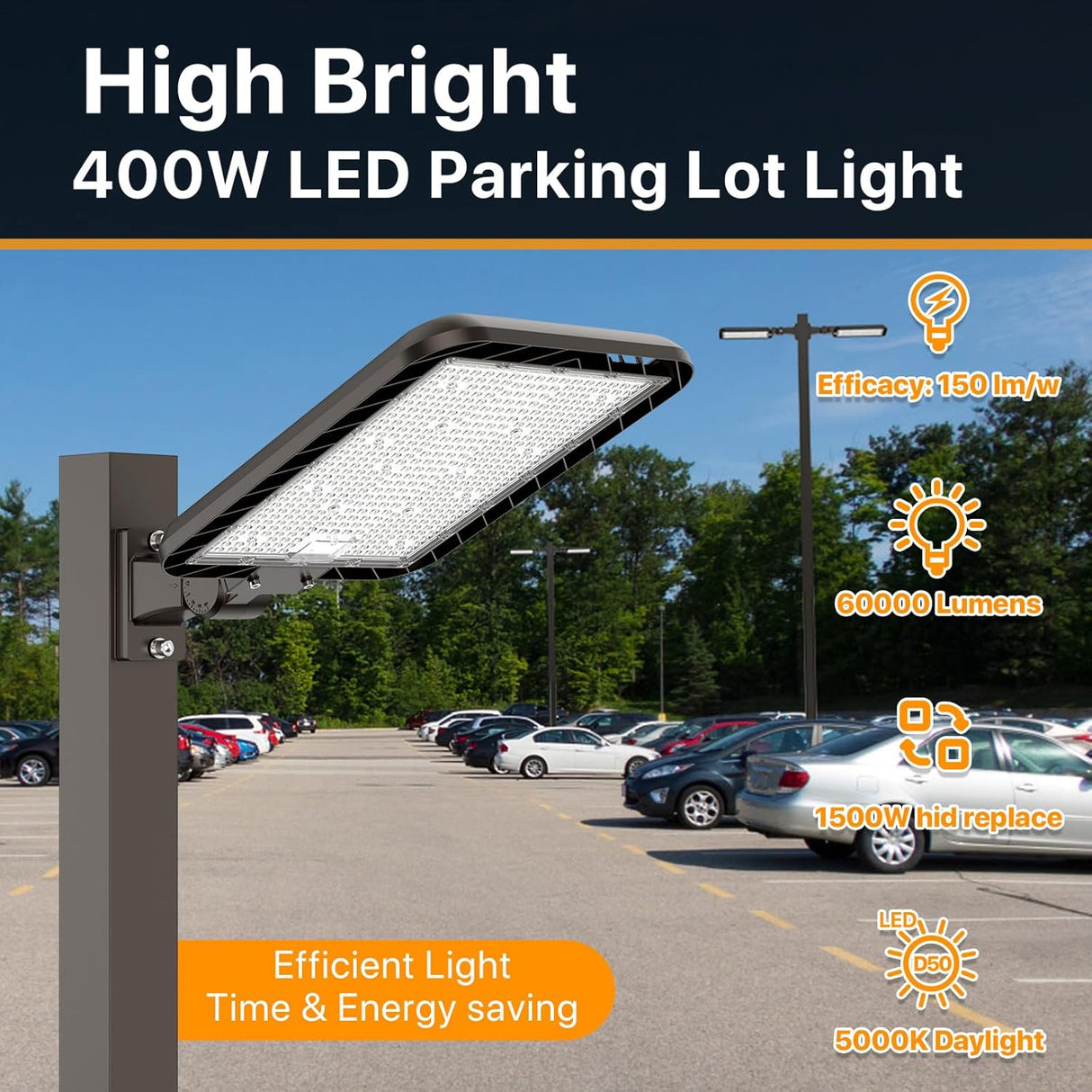 LED Parking Lot Light - Cobra Series, 60000lumens, 5000K, 100-277V, Dusk to Dawn