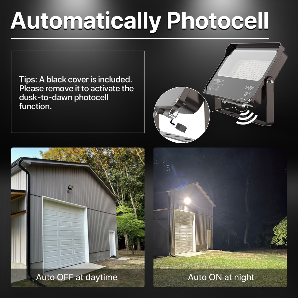 Hyperlite flood light with photocell feature, auto on/off at night