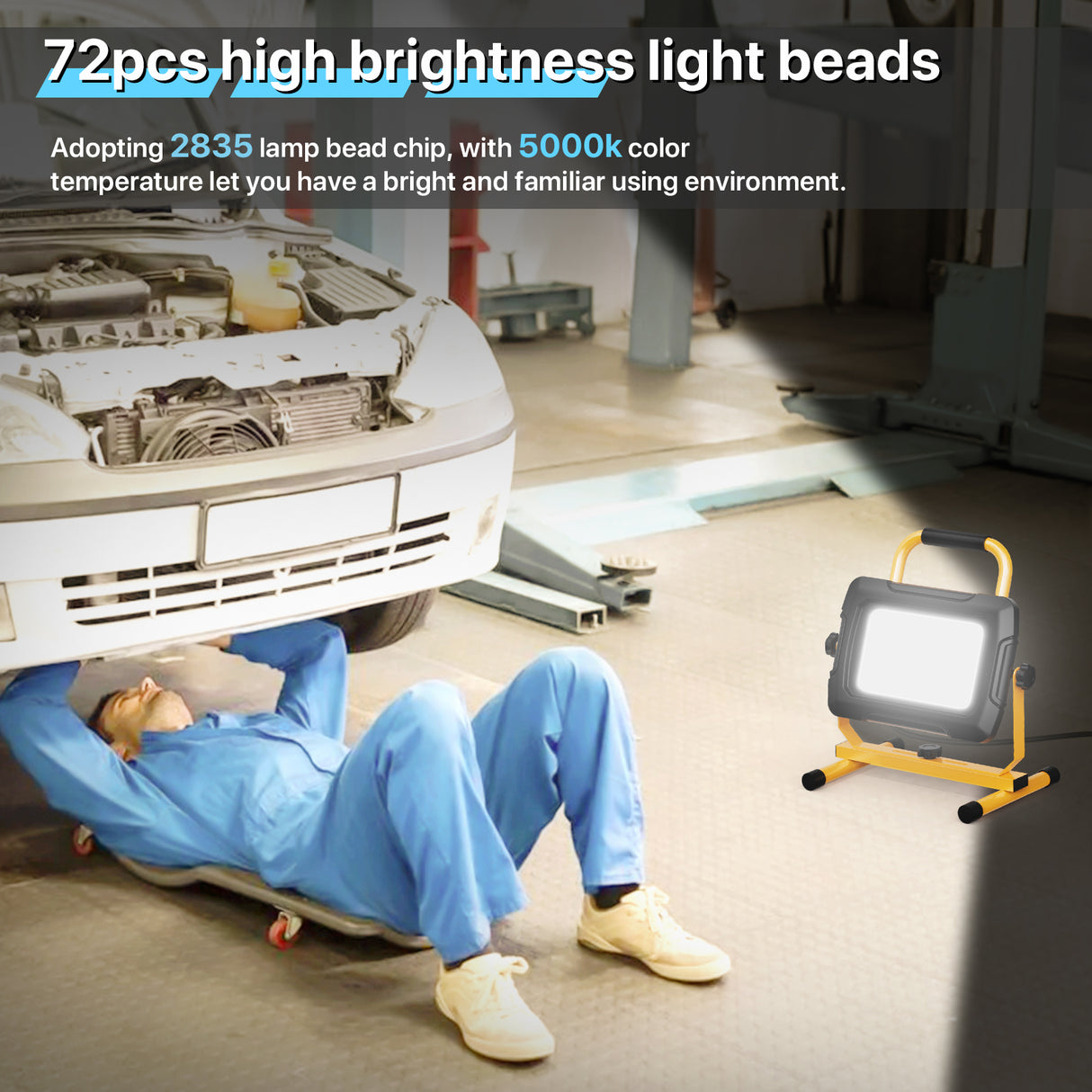 LED work light illuminating a car mechanic
