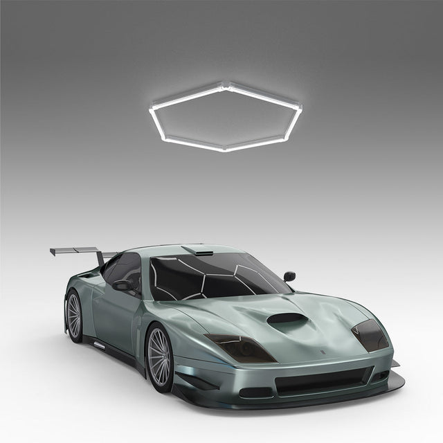Sports car under Hyperlite hexagon garage light