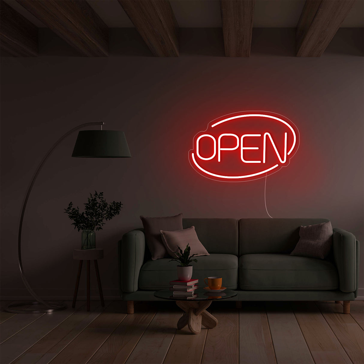 Red LED Open Neon Sign in a Modern Interior
