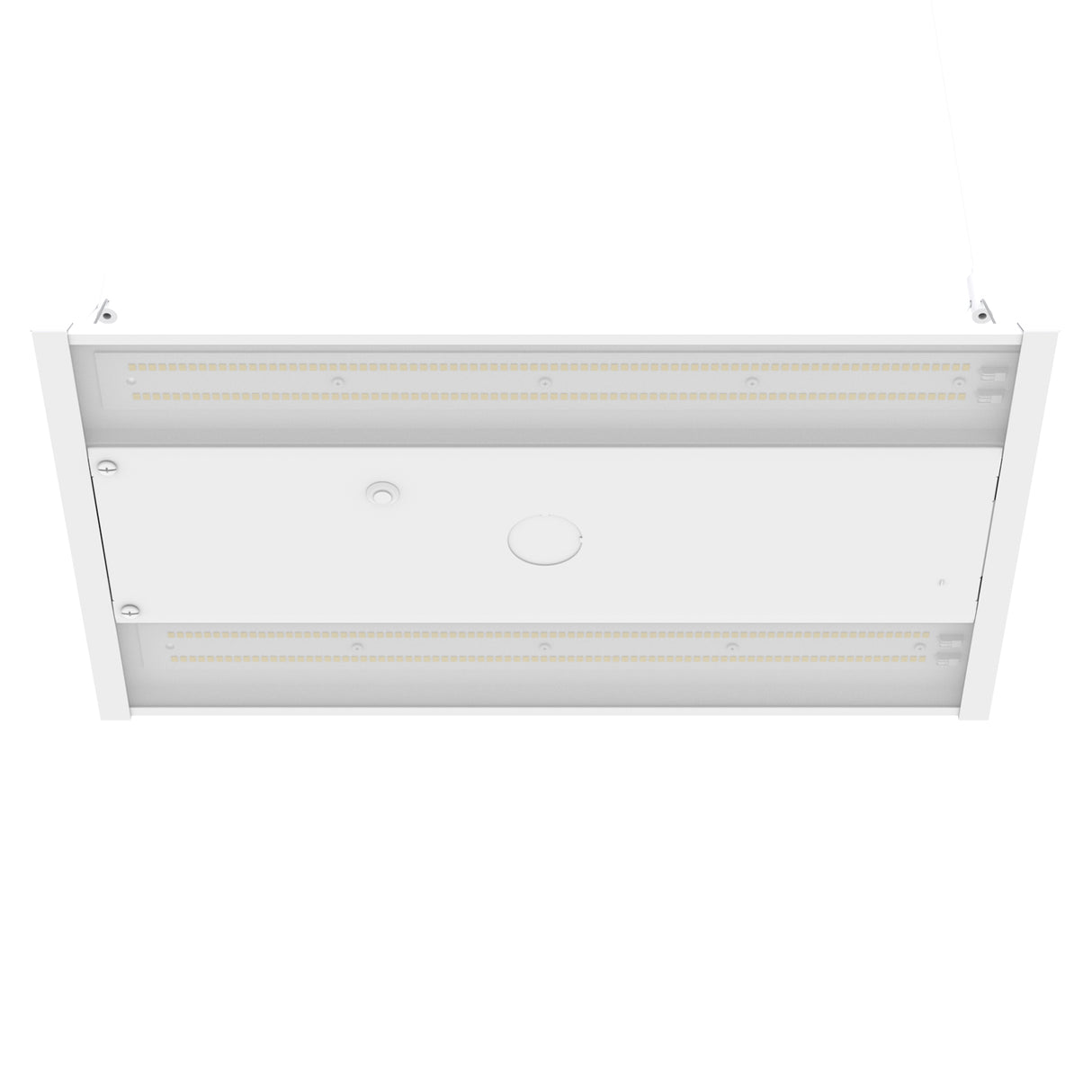 White linear high bay LED light fixture for commercial spaces