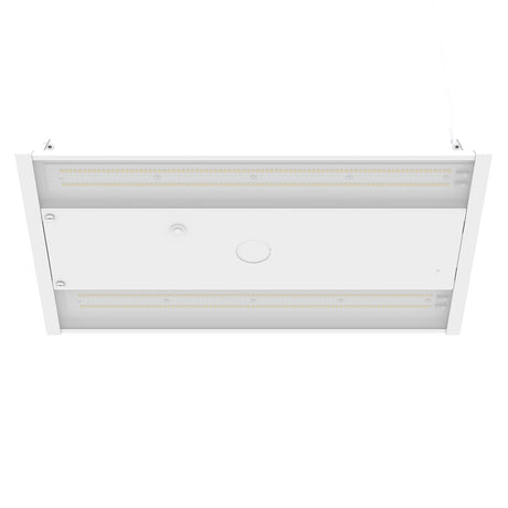 White linear high bay LED light fixture for commercial spaces