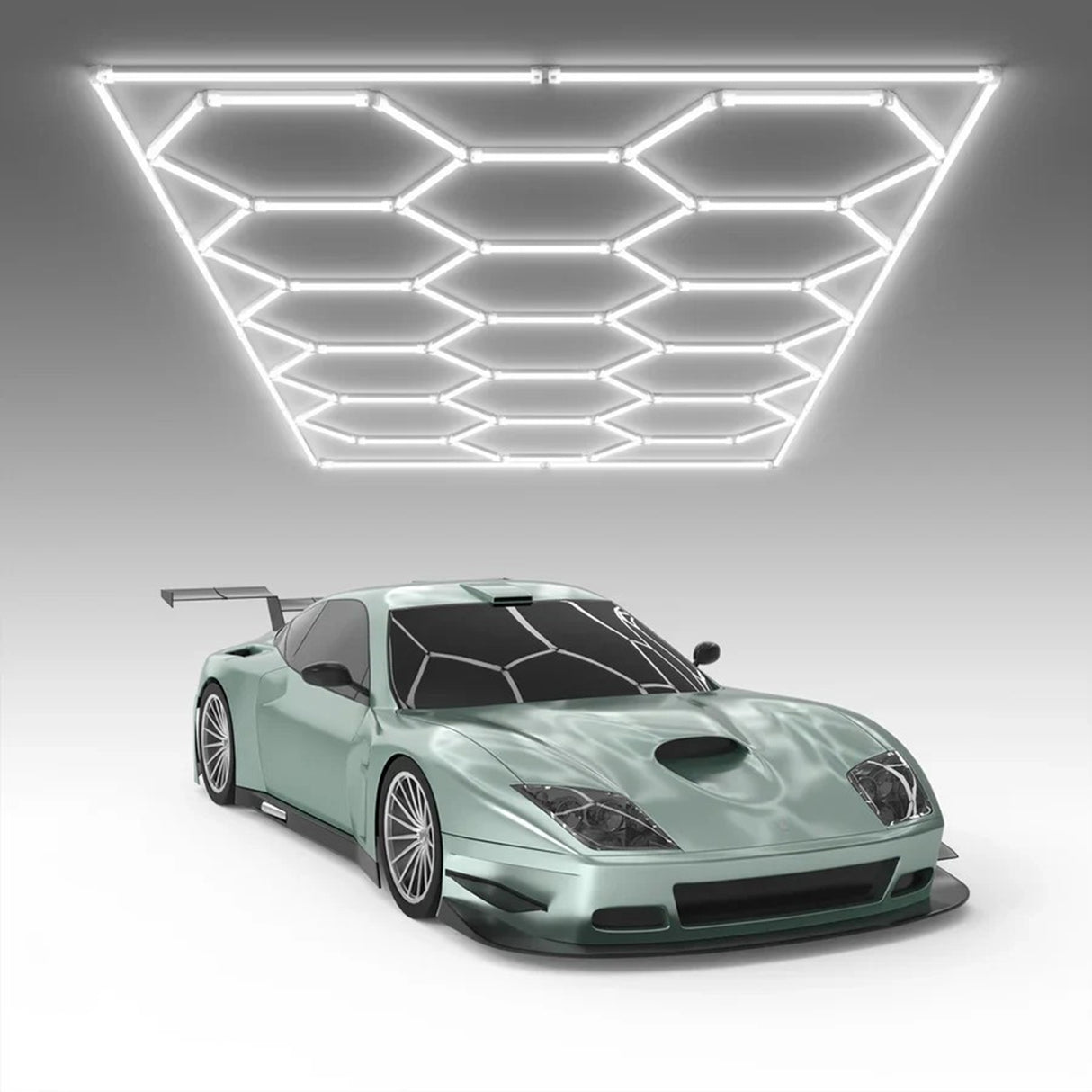 Hyperlite hexagon garage lights illuminating a sports car