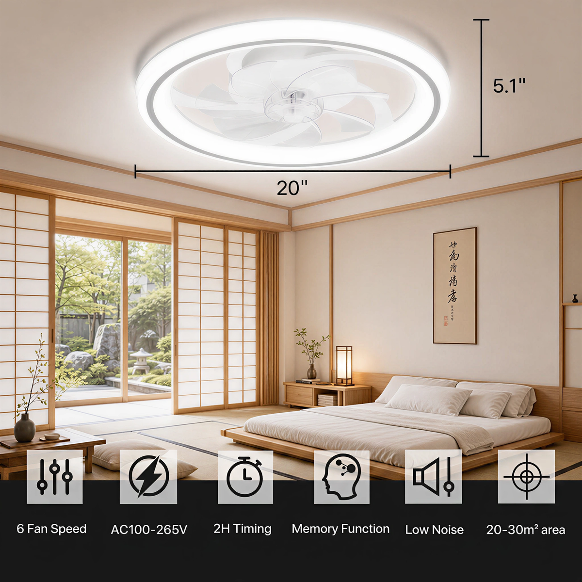 20" Smart LED Ceiling Fan – App/Remote, 6 Speeds, 3 CCT, Dimmable, Night Mode & Timer, Flush Mount