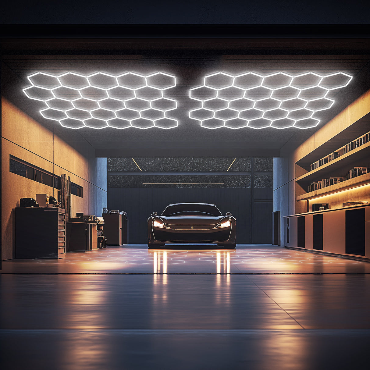 Garage with Hyperlite hexagon LED lights