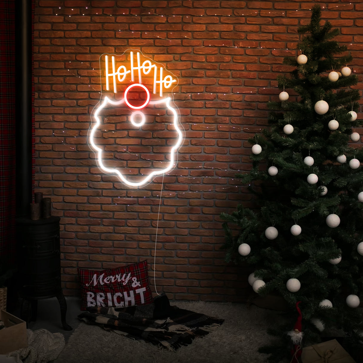 Christmas scene with HO HO HO neon Santa face, festive decoration