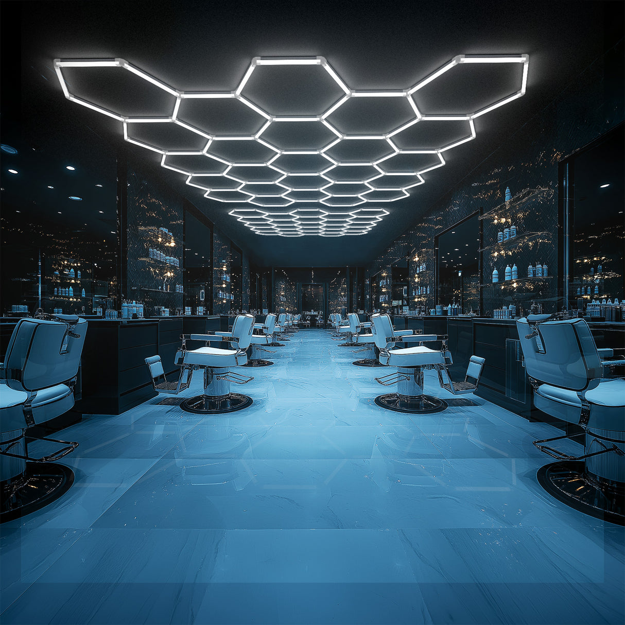 Salon illuminated by Hyperlite Hexagon LED Lights