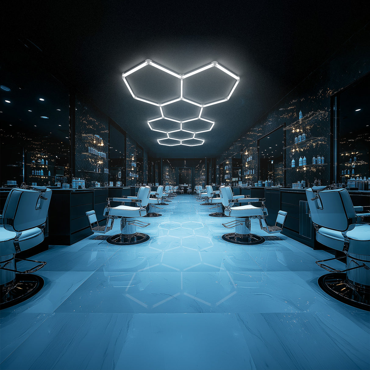 Hyperlite Hexagon Garage Lights in a stylish barbershop
