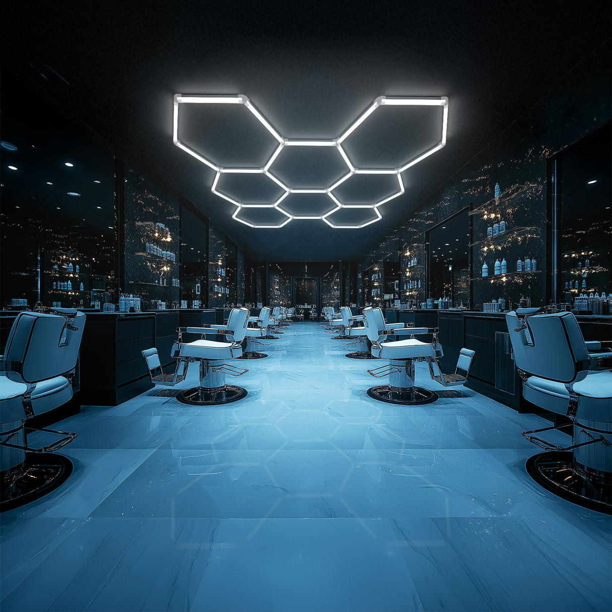 Hyperlite Hexagon LED lights illuminate a modern barbershop