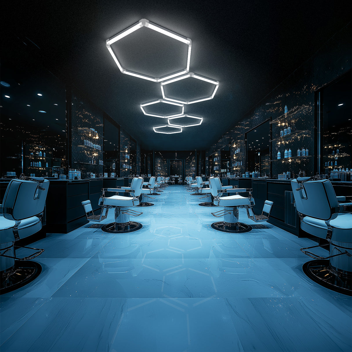 Modern barber shop with hexagon LED lights