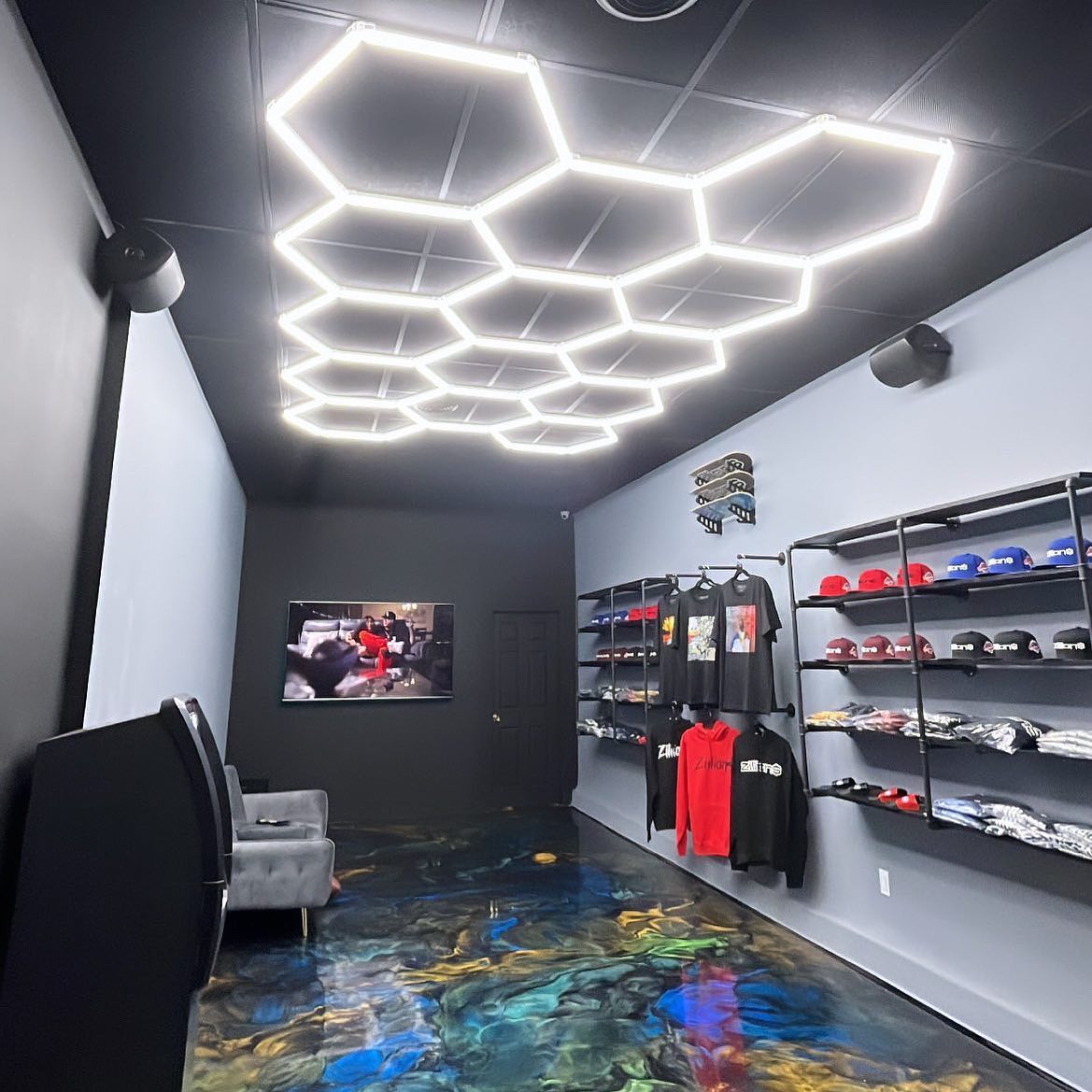 Hexagon garage lights illuminating a retail space