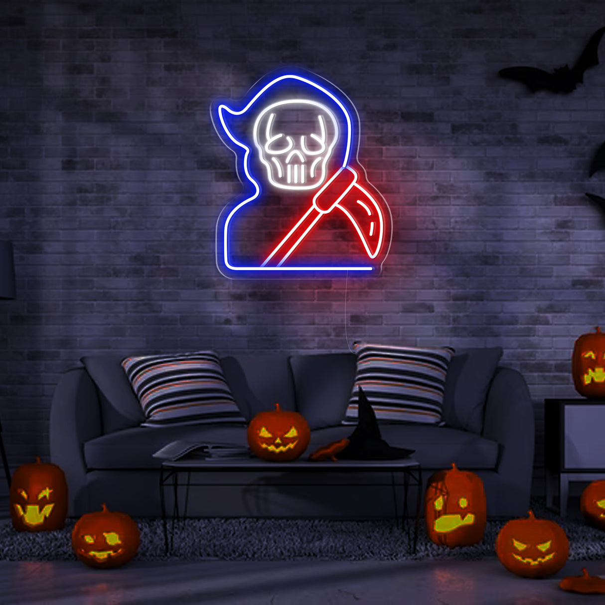 Halloween room decor with Grim Reaper neon sign