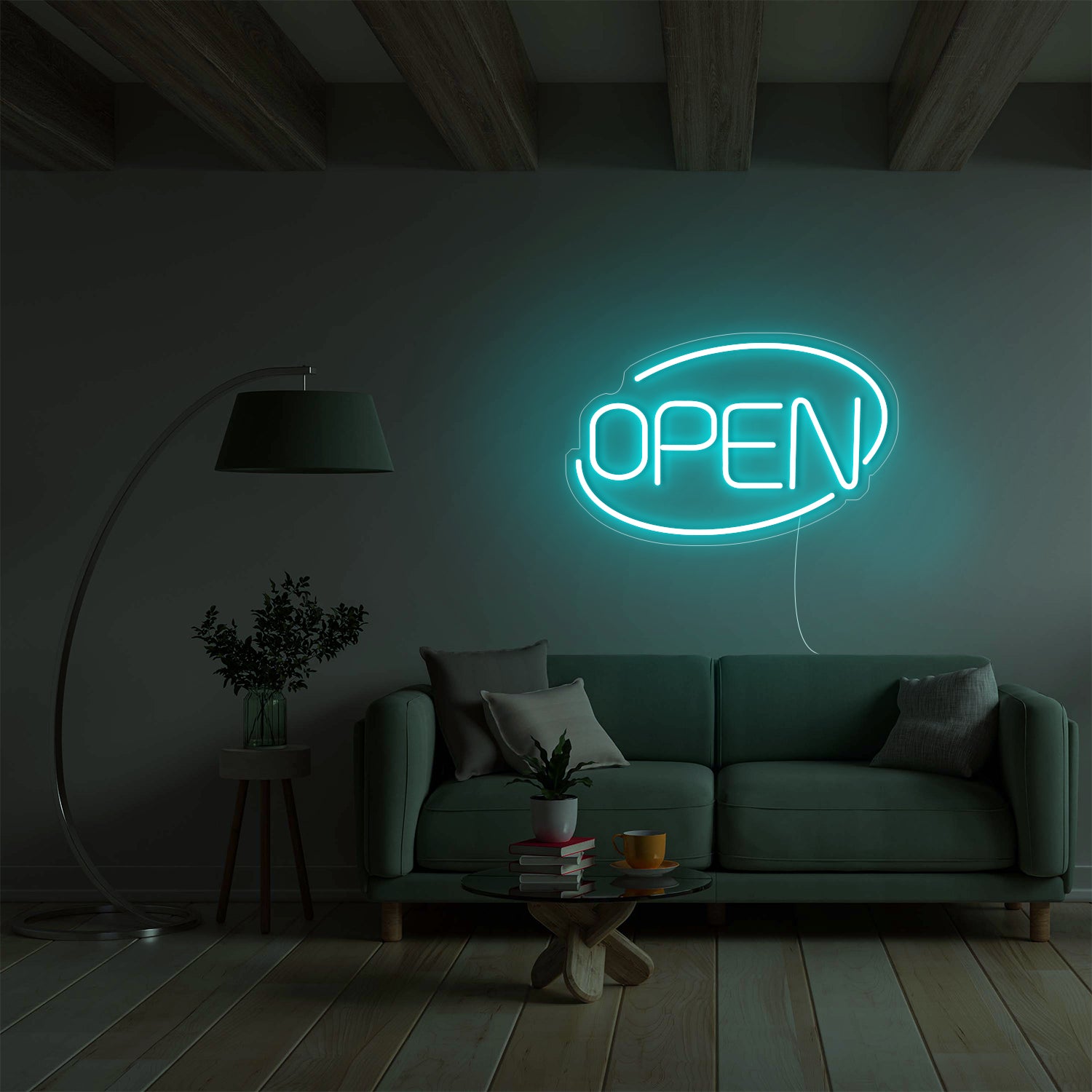 Teal Open LED Neon Sign in Modern Living Room