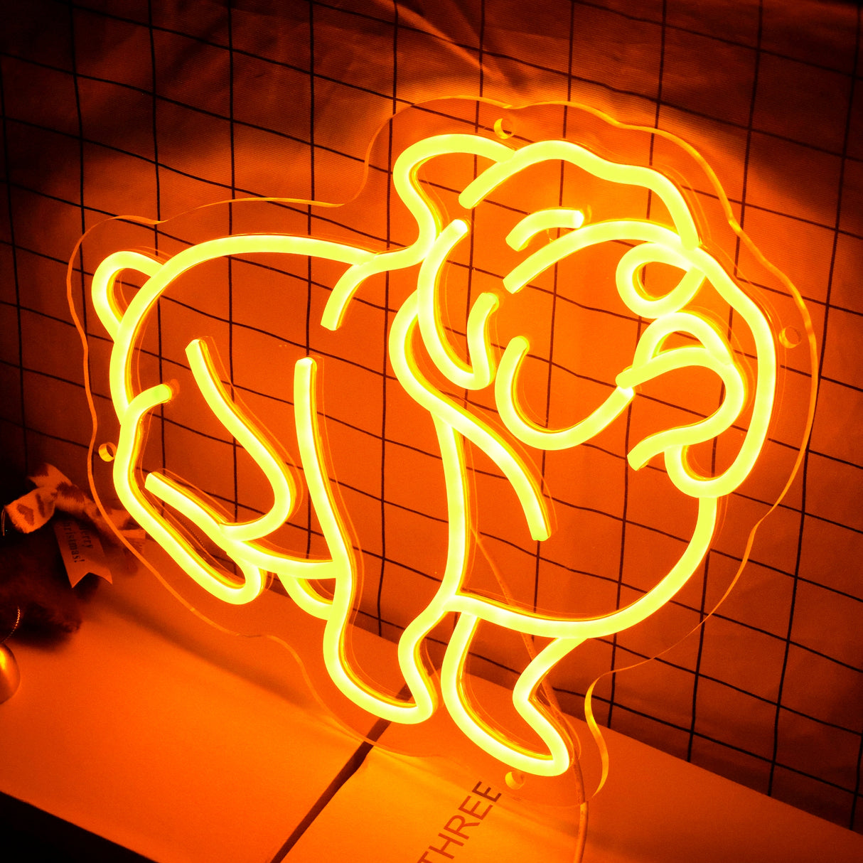 Bulldog neon sign light, orange glow