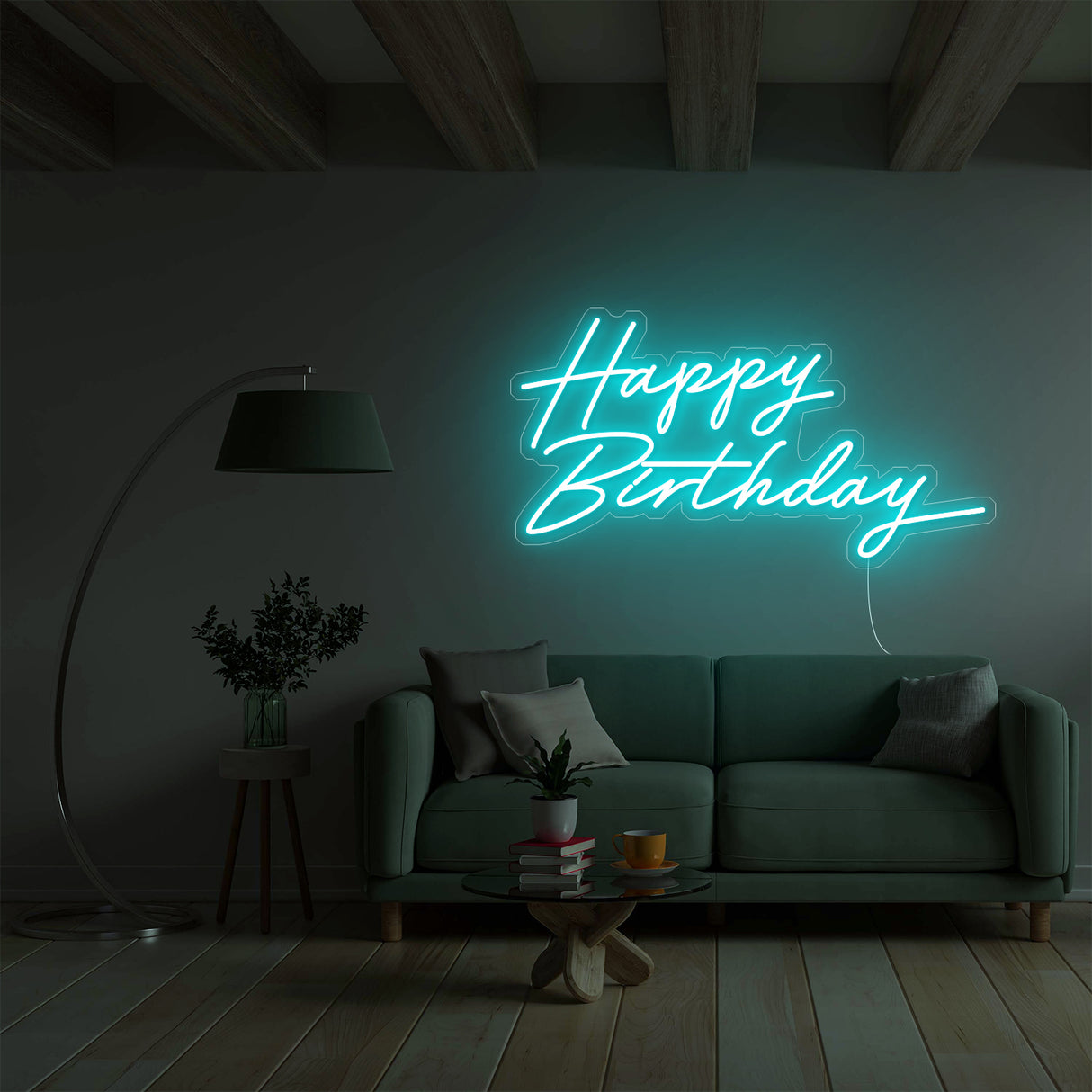 Teal Happy Birthday LED Neon Sign in Living Room