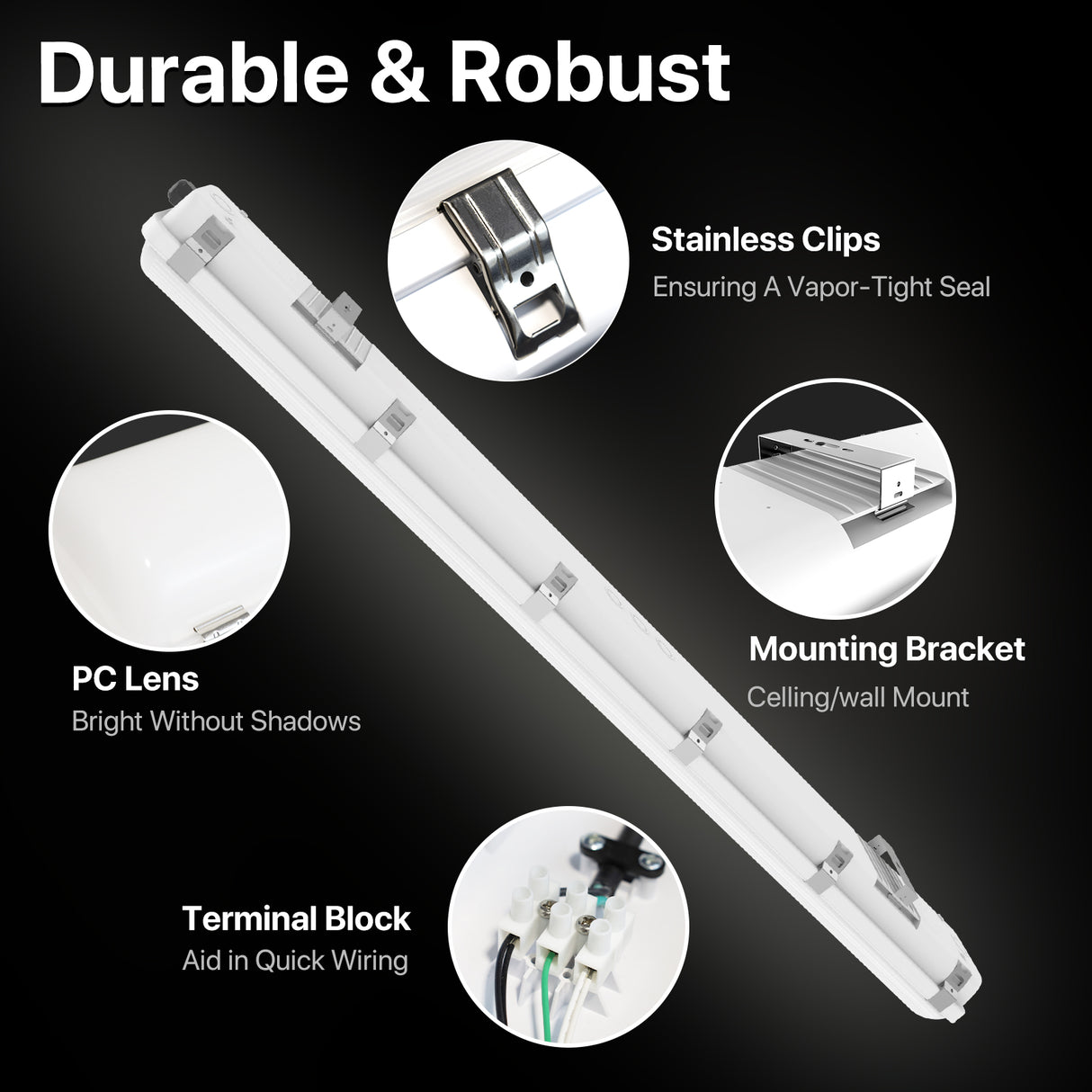 Durable & Robust LED Vapor Tight Light - Capsule series, features stainless clips and mounting bracket