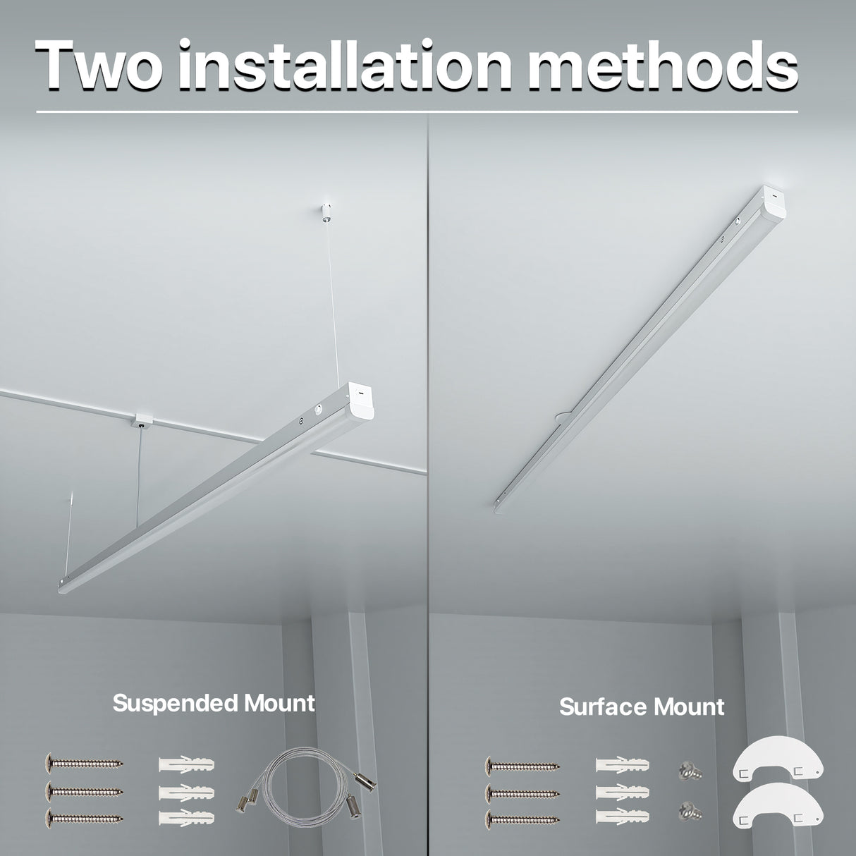 Hyperlite LED linear strip light fixture installation options,suspended and surface mount