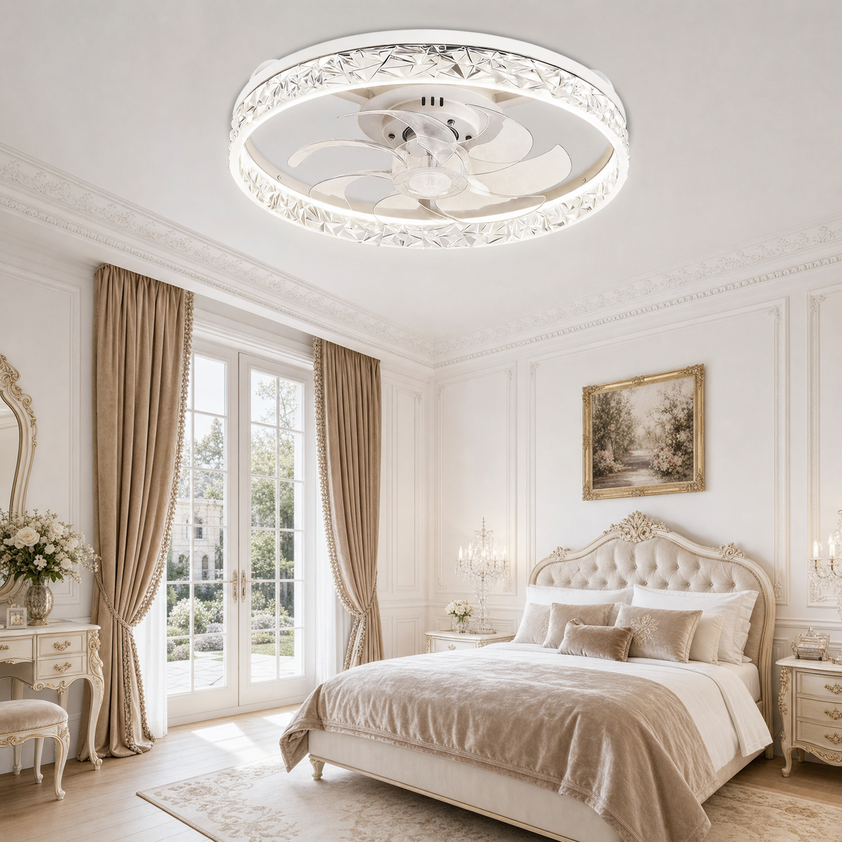 20" Crystal LED Ceiling Fan – App/Remote, 3-Color Dimmable, 6 Speeds, Timer, Reversible, Low-Profile Flush Mount