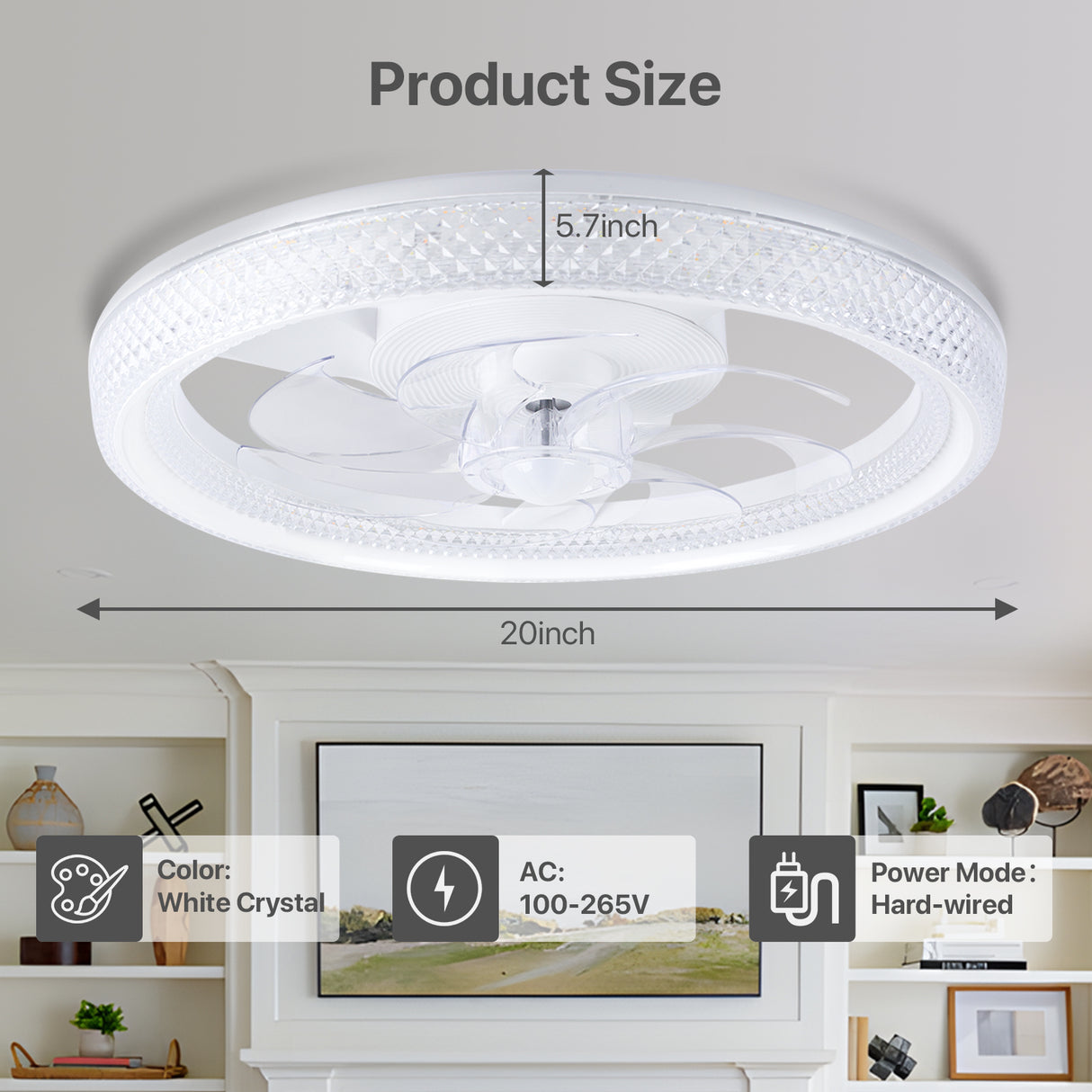 20" Flush-Mount Bladeless Ceiling Fan – Remote, Stepless Dimming 3000K-6500K, 6 Speeds, Modern.