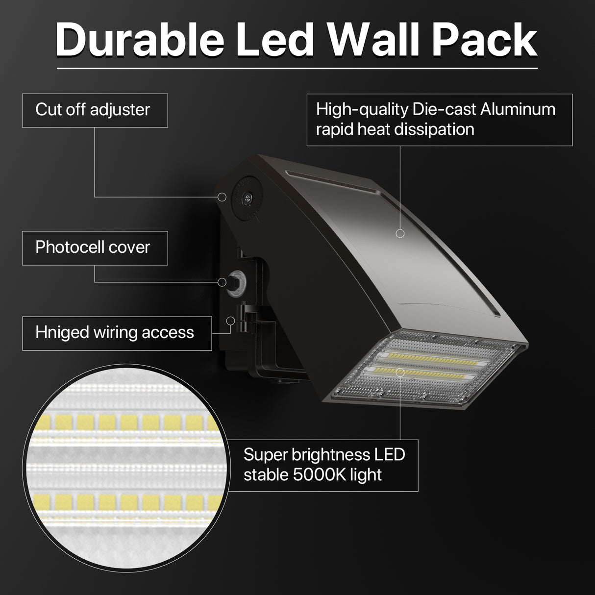 Durable LED wall pack light with adjustable features