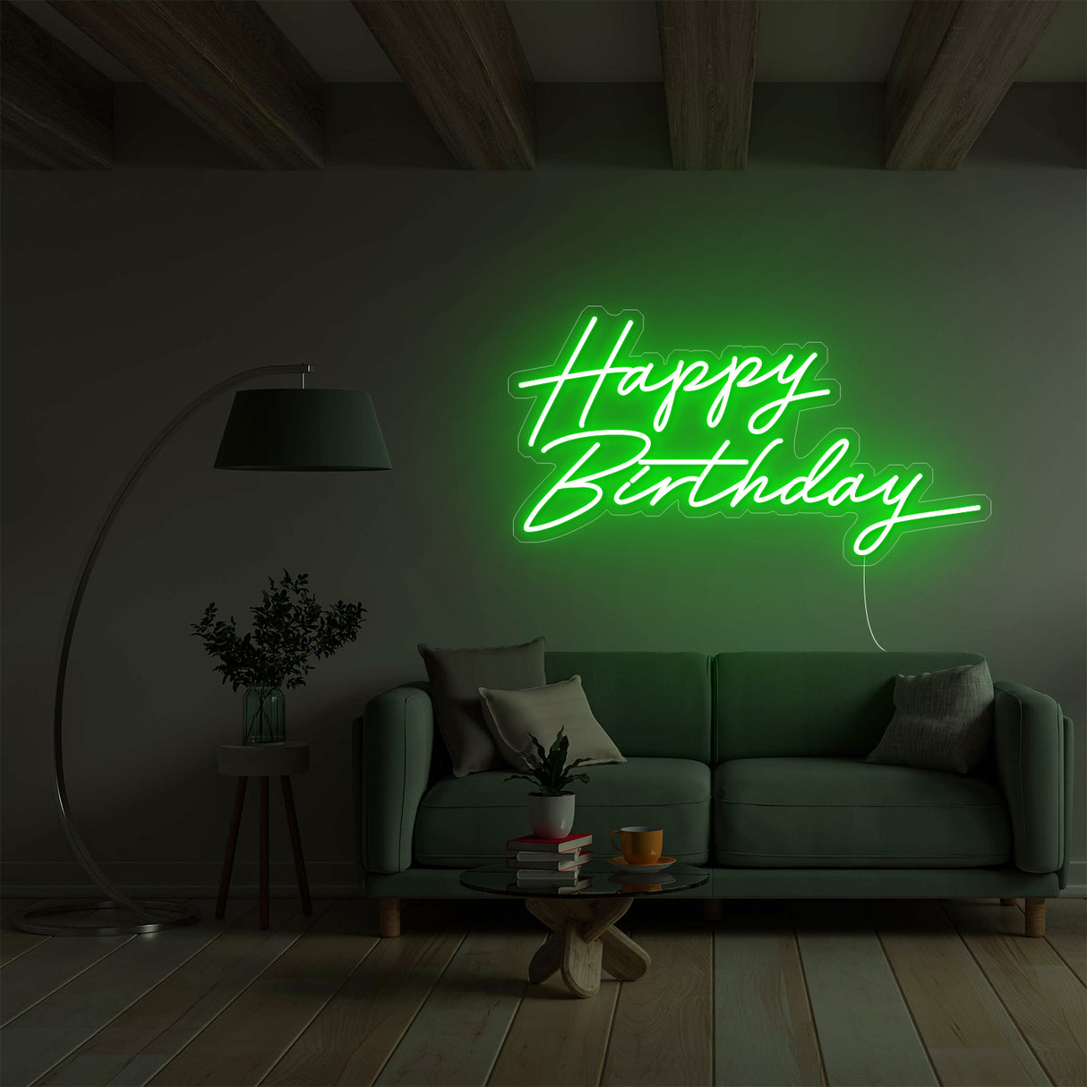 Green Happy Birthday Neon Sign above a green sofa.