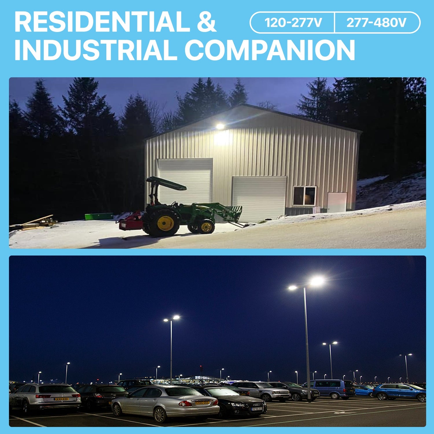 Parking lot and industrial area illuminated by LED lights