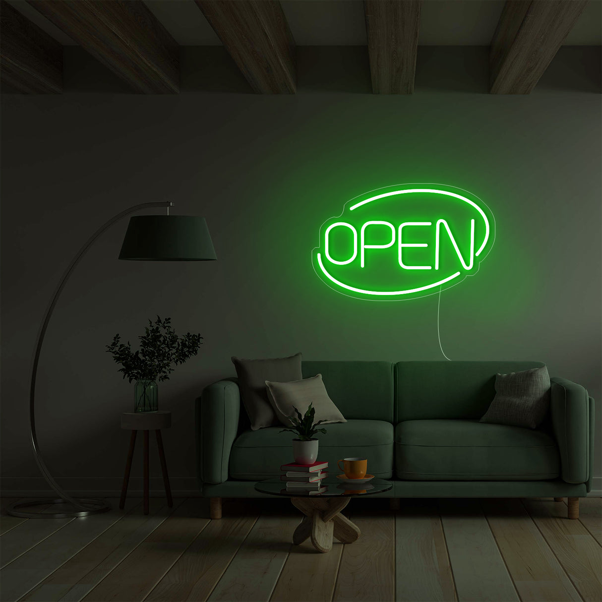 Green LED Open Neon Sign in Modern Living Room