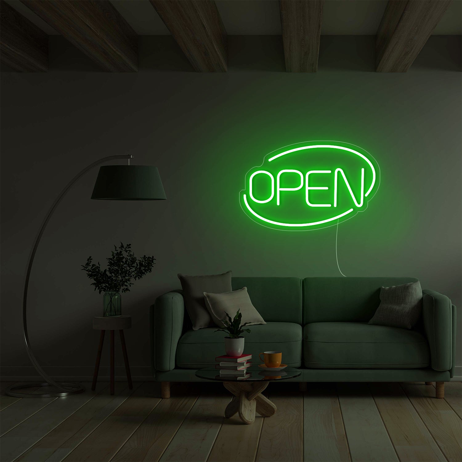 Green LED Open Neon Sign in Modern Living Room