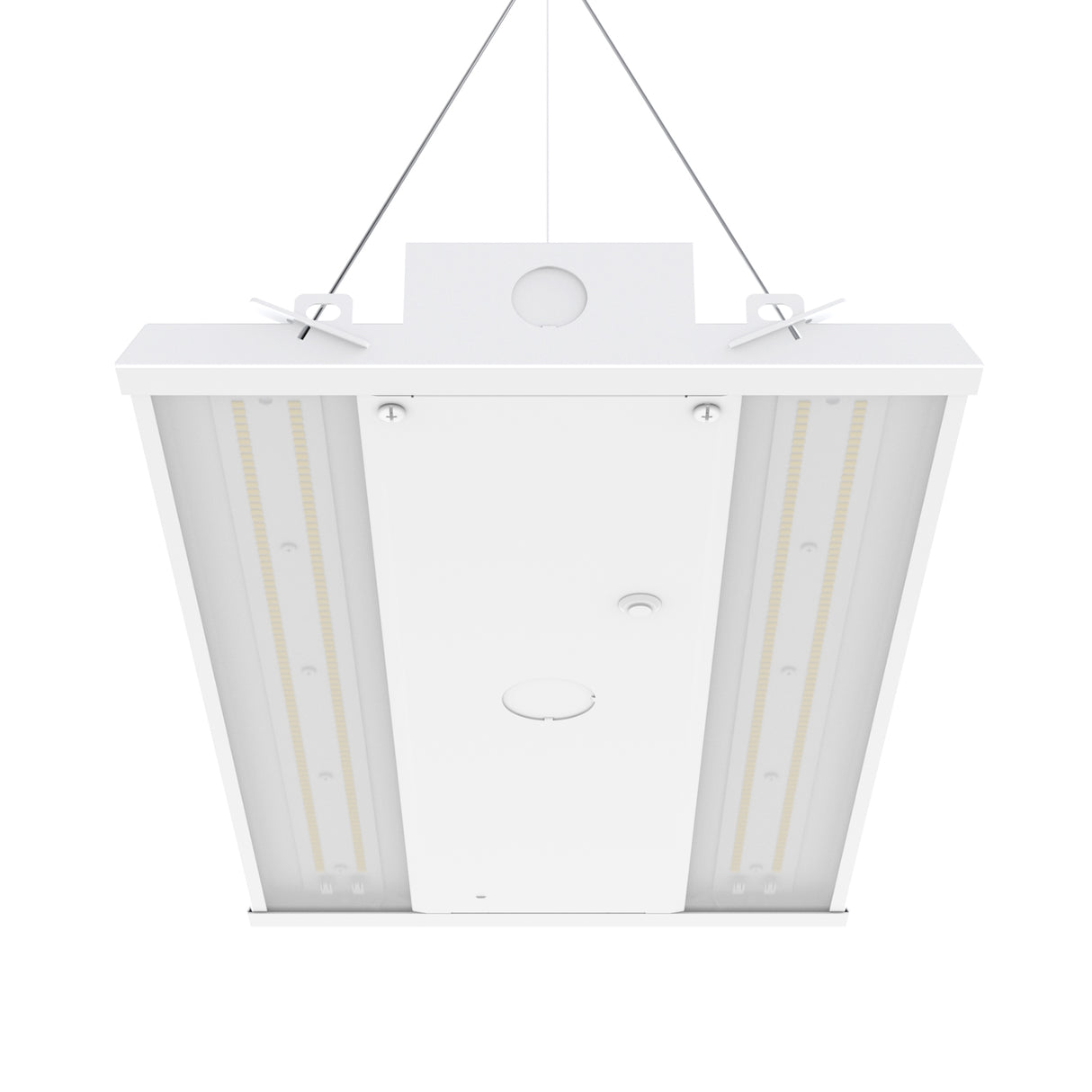 White linear high bay LED light fixture for commercial spaces