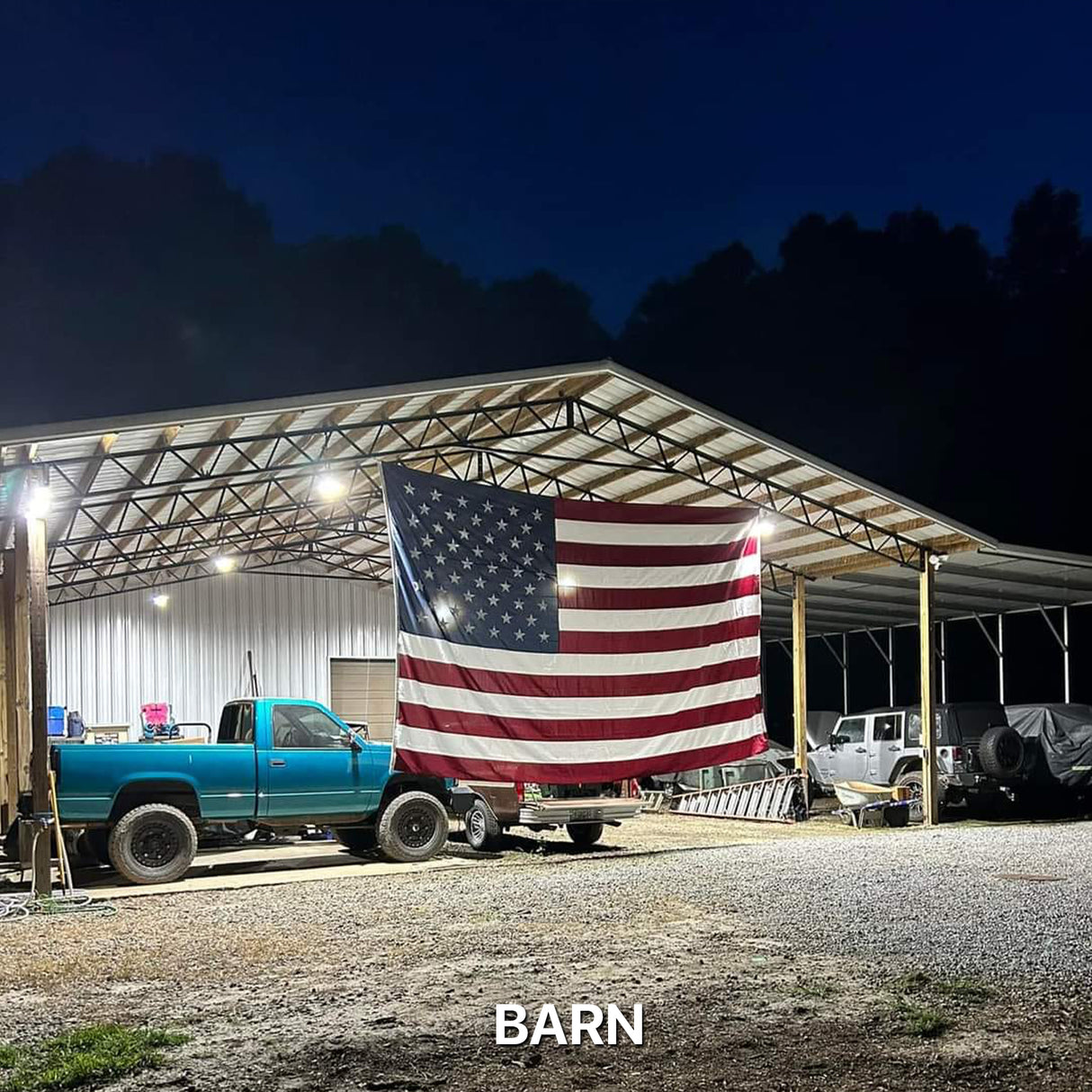 Barn with American flag and high bay lights