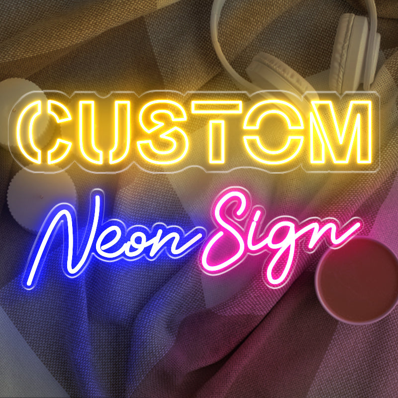 Custom neon sign light, illuminated with yellow, blue and pink lights.