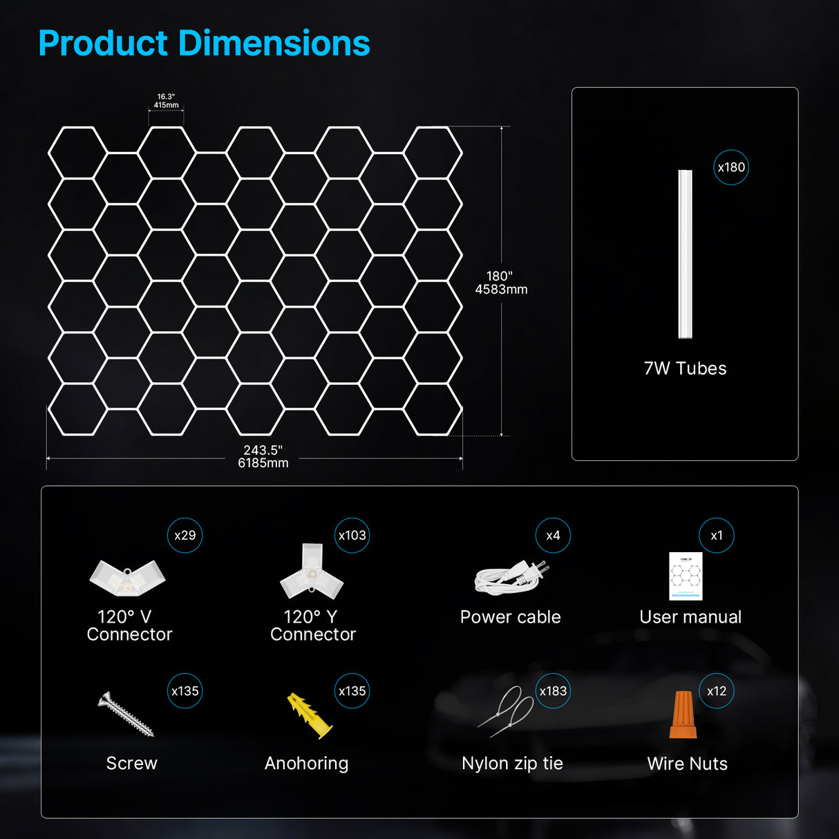 Hyperlite Hexagon Garage Lights Gen 2 - 50 Grid (20.3 x 15.0 ft)